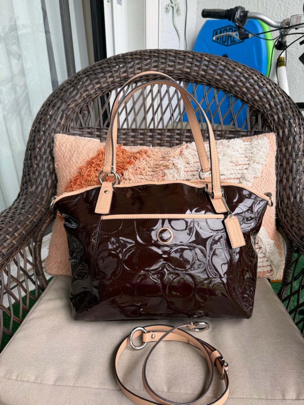 NWOT Coach Glossy Chocolate Patent Shoulder Bag with Tan Trim